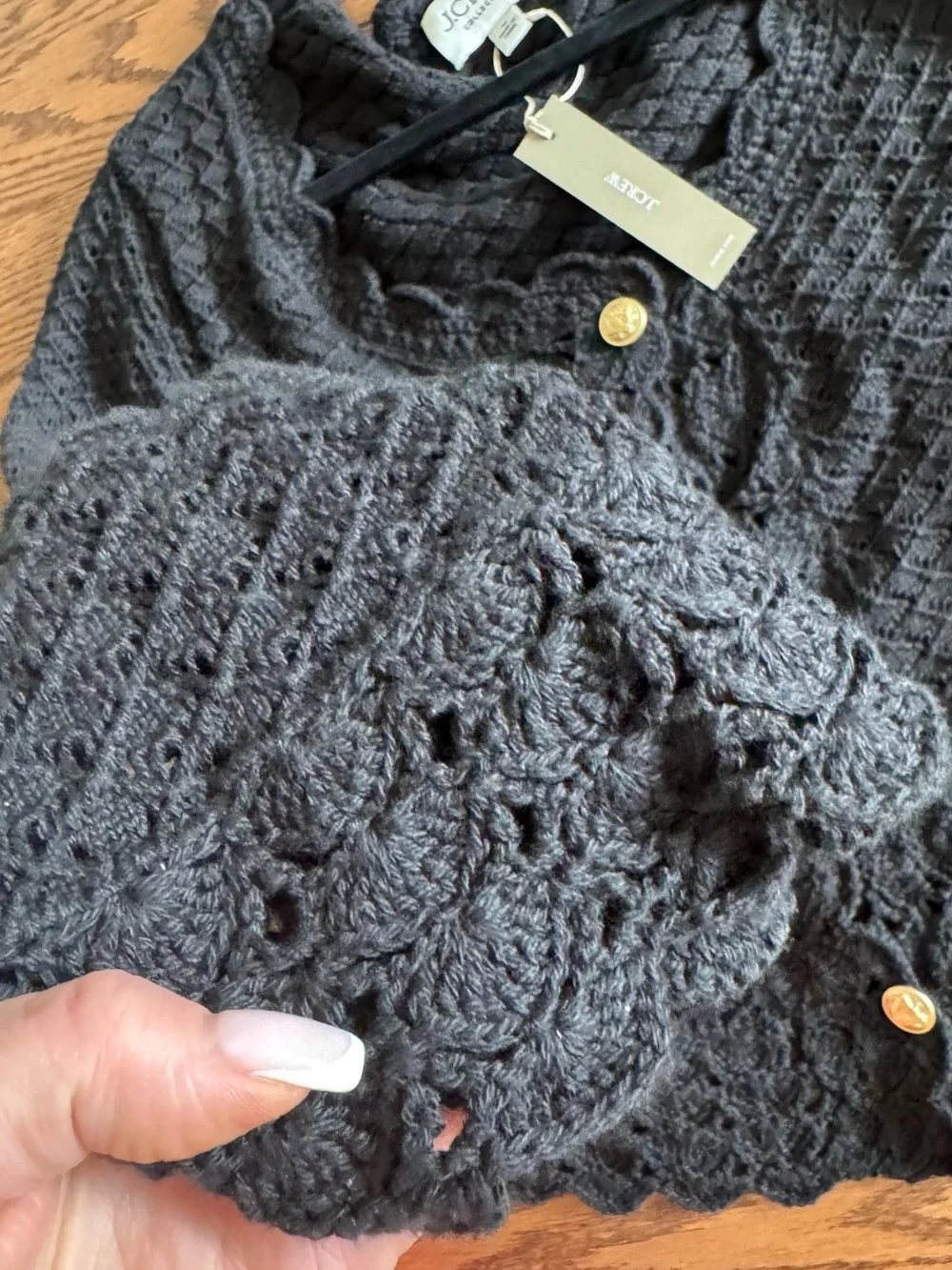 J. Crew Black Crocheted Scallop-Trim Cardigan with Gold Button (M)